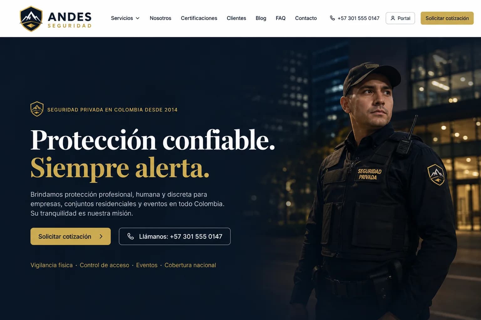 Captura de escritorio de la página principal de Andes Seguridad