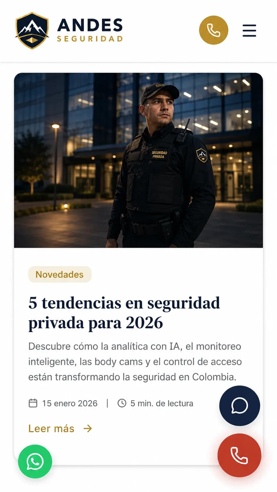 Captura móvil del sitio web de Andes Seguridad