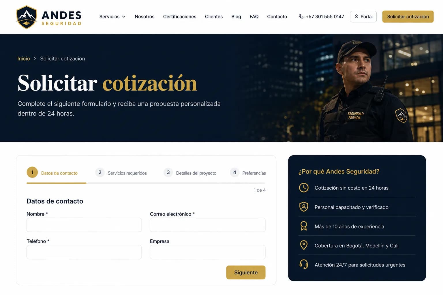 Captura del flujo de solicitud de presupuesto de Andes Seguridad